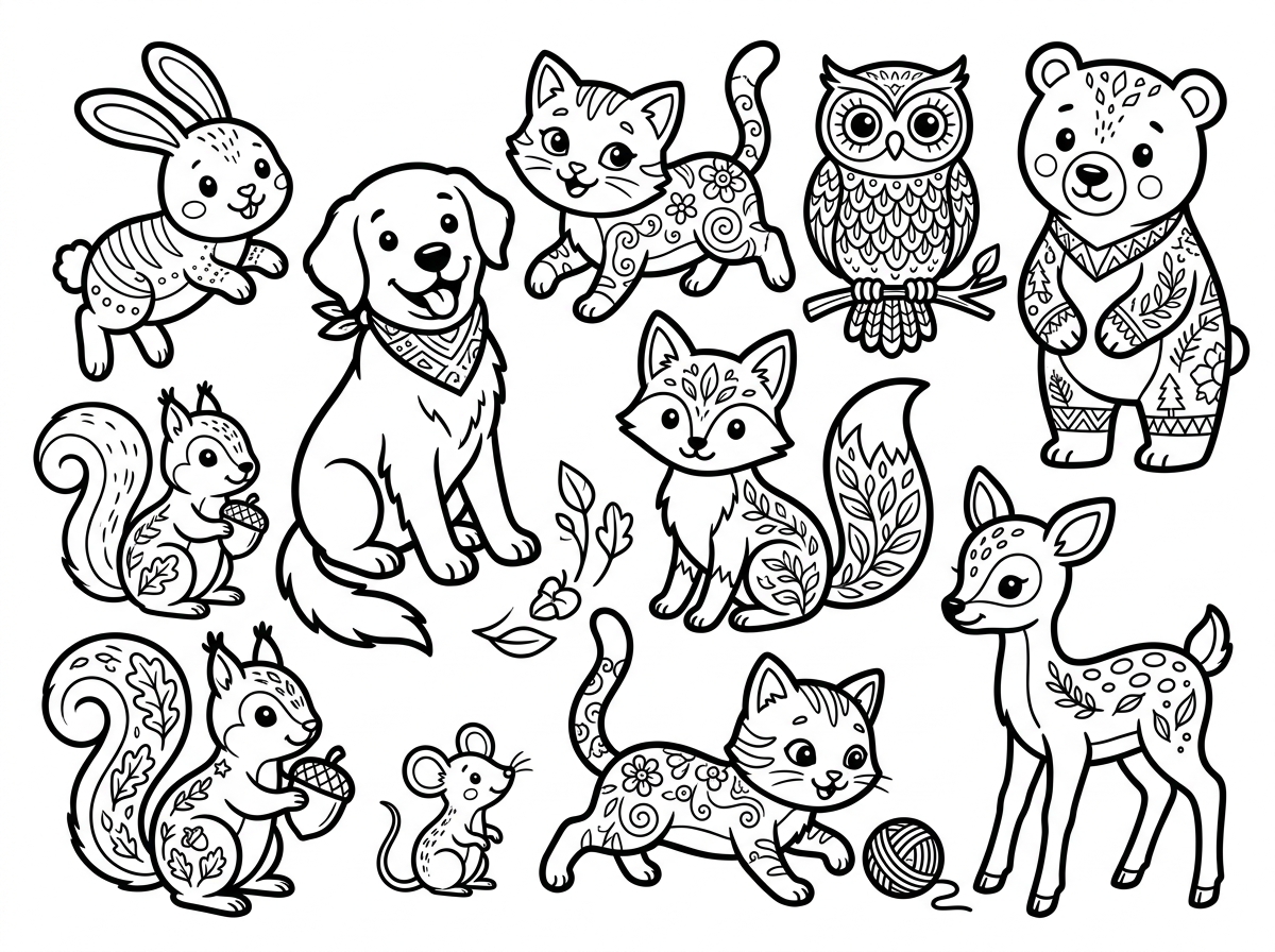Cute animal coloring page with puppies