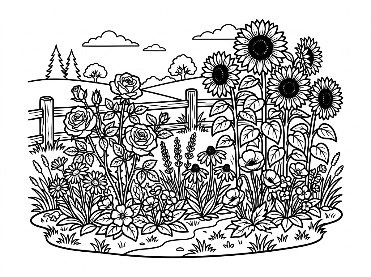 Blooming flower garden coloring page