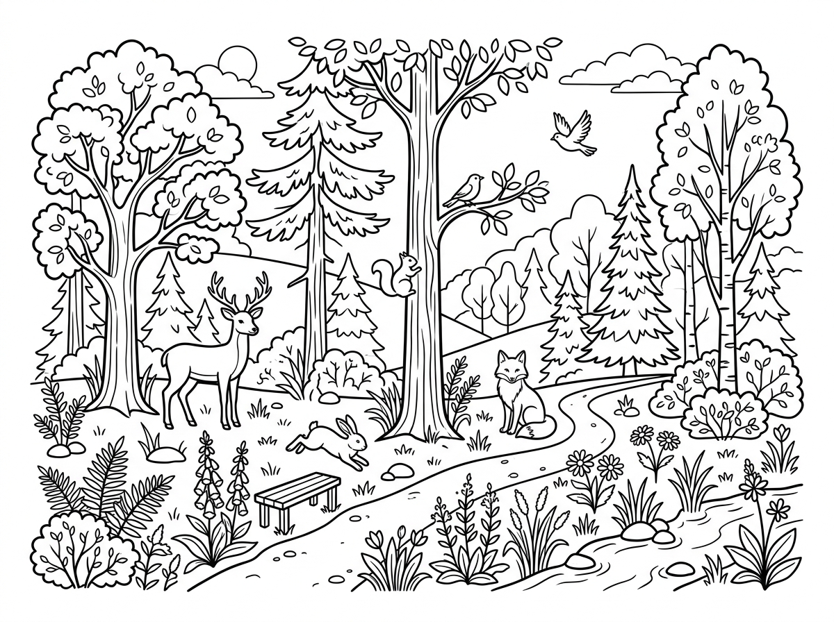 Nature-themed adult coloring page with trees and flowers