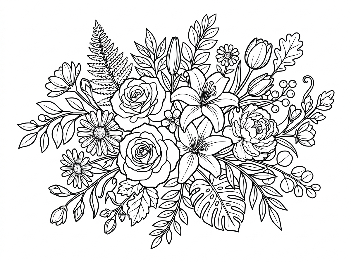 Intricate floral coloring page with various flowers
