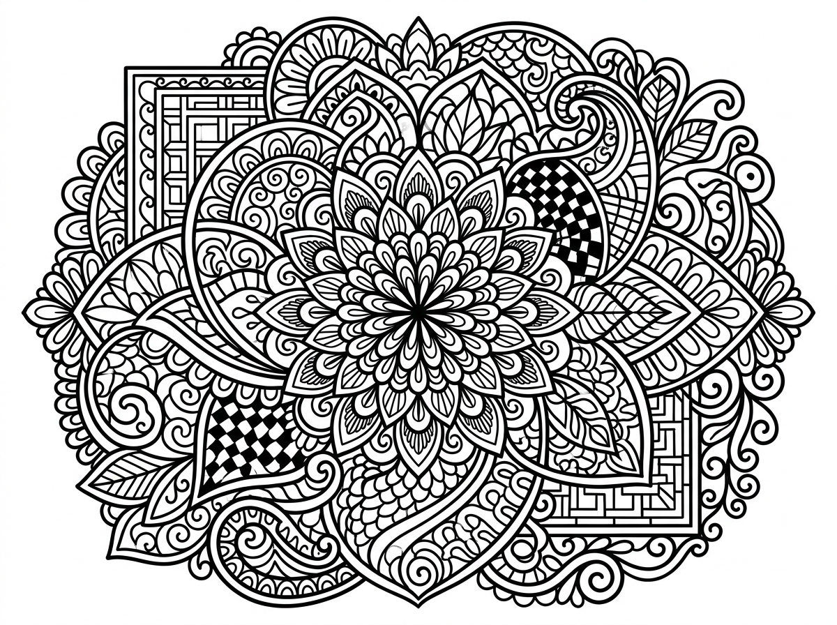 Zentangle-style coloring page with intricate line patterns