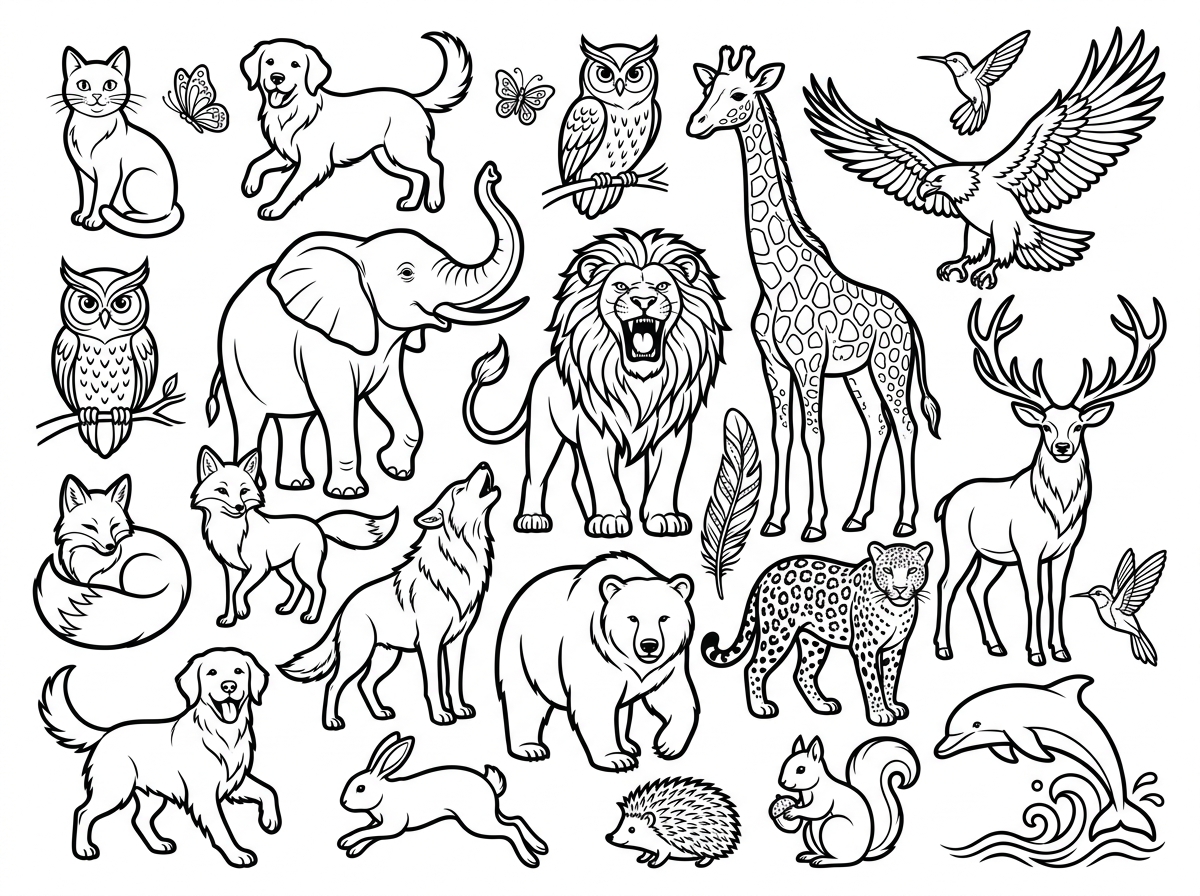 Detailed animal coloring page featuring wildlife