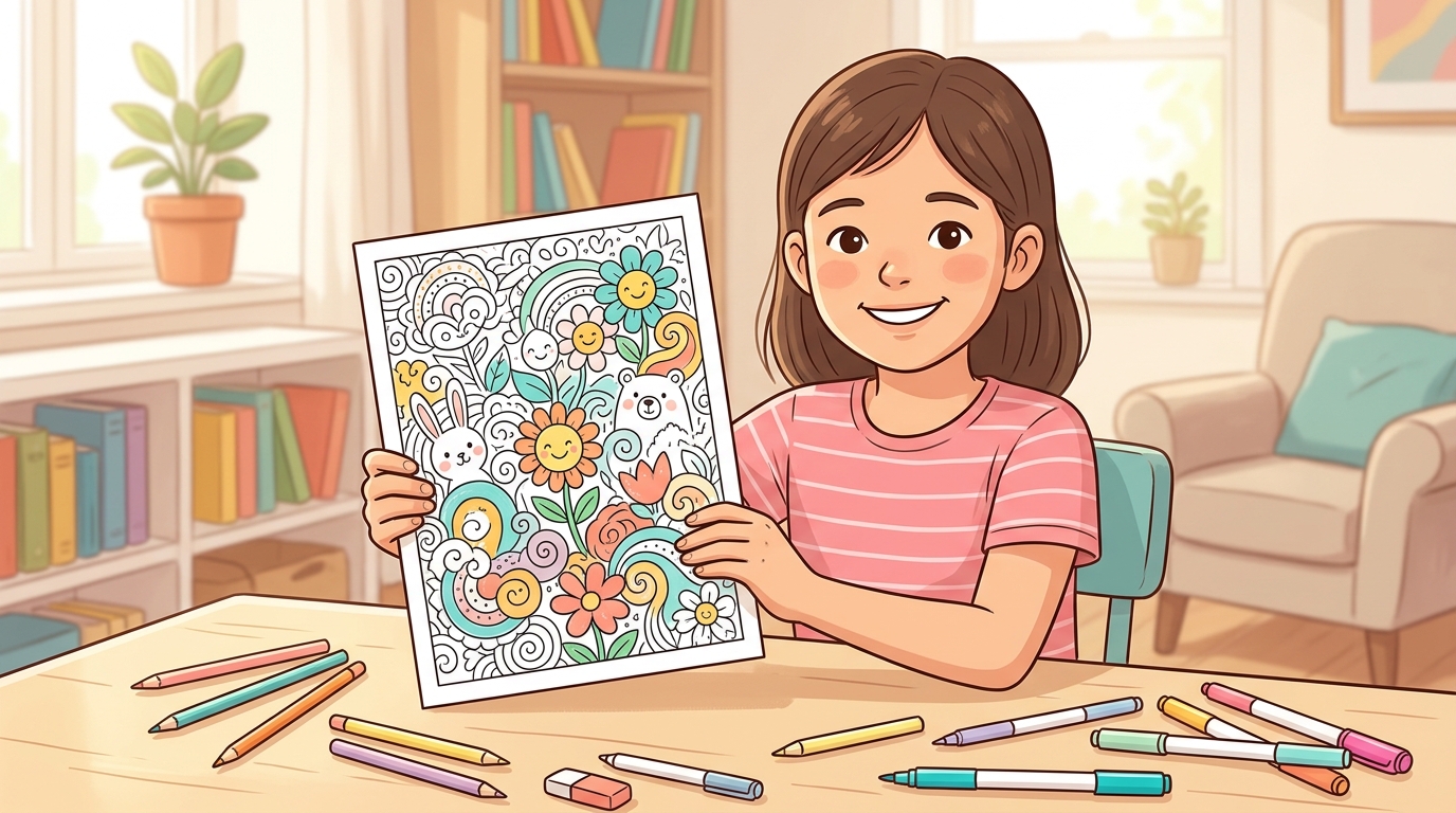 Girl coloring printable page with designs
