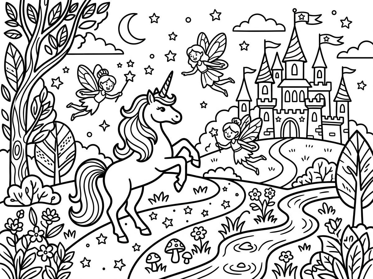 Fantasy unicorn coloring page design