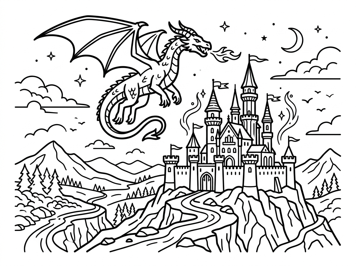 Fantasy coloring pages with magical creatures