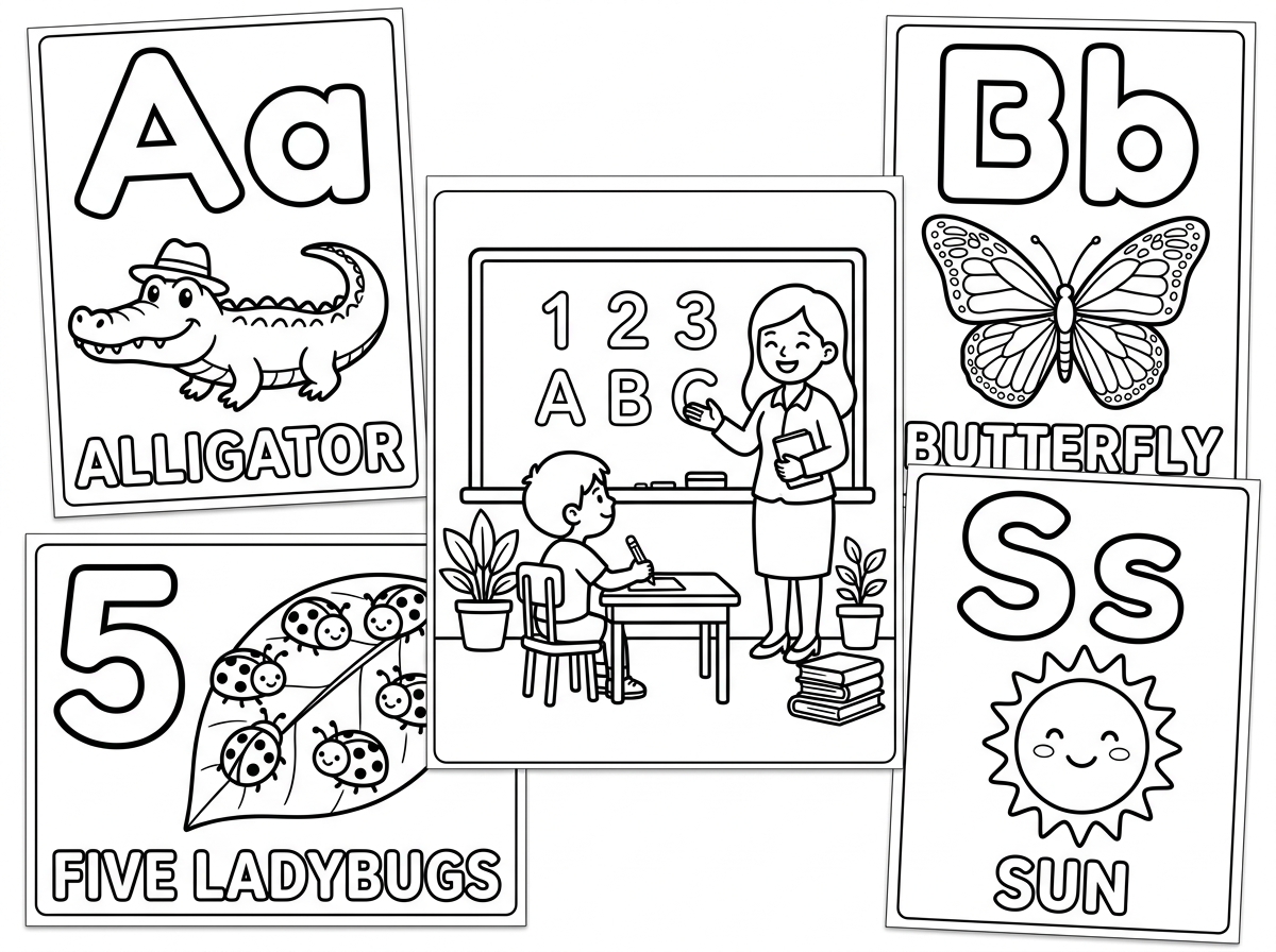 Educational coloring pages with letters and numbers