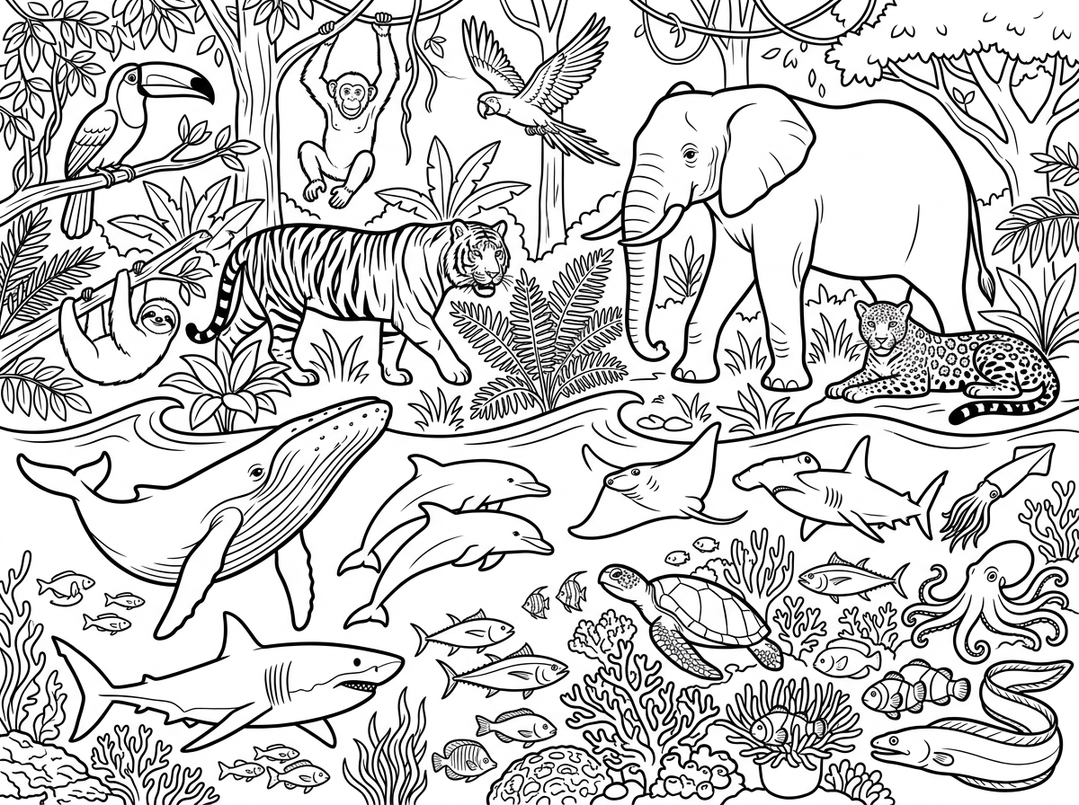Wildlife detailed coloring page with animals