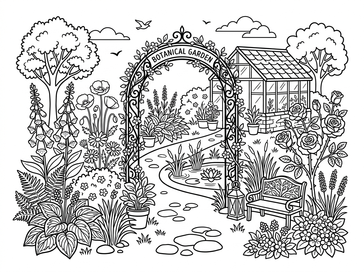 Botanical detailed coloring page with flowers