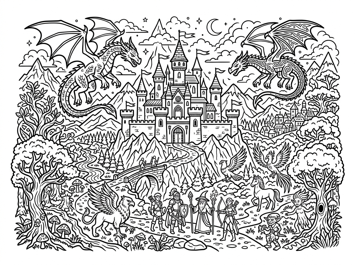 Fantasy detailed coloring page with magical elements