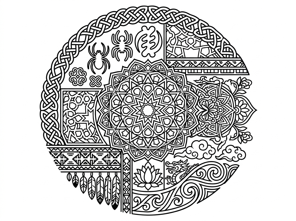 Cultural detailed coloring page with global motifs