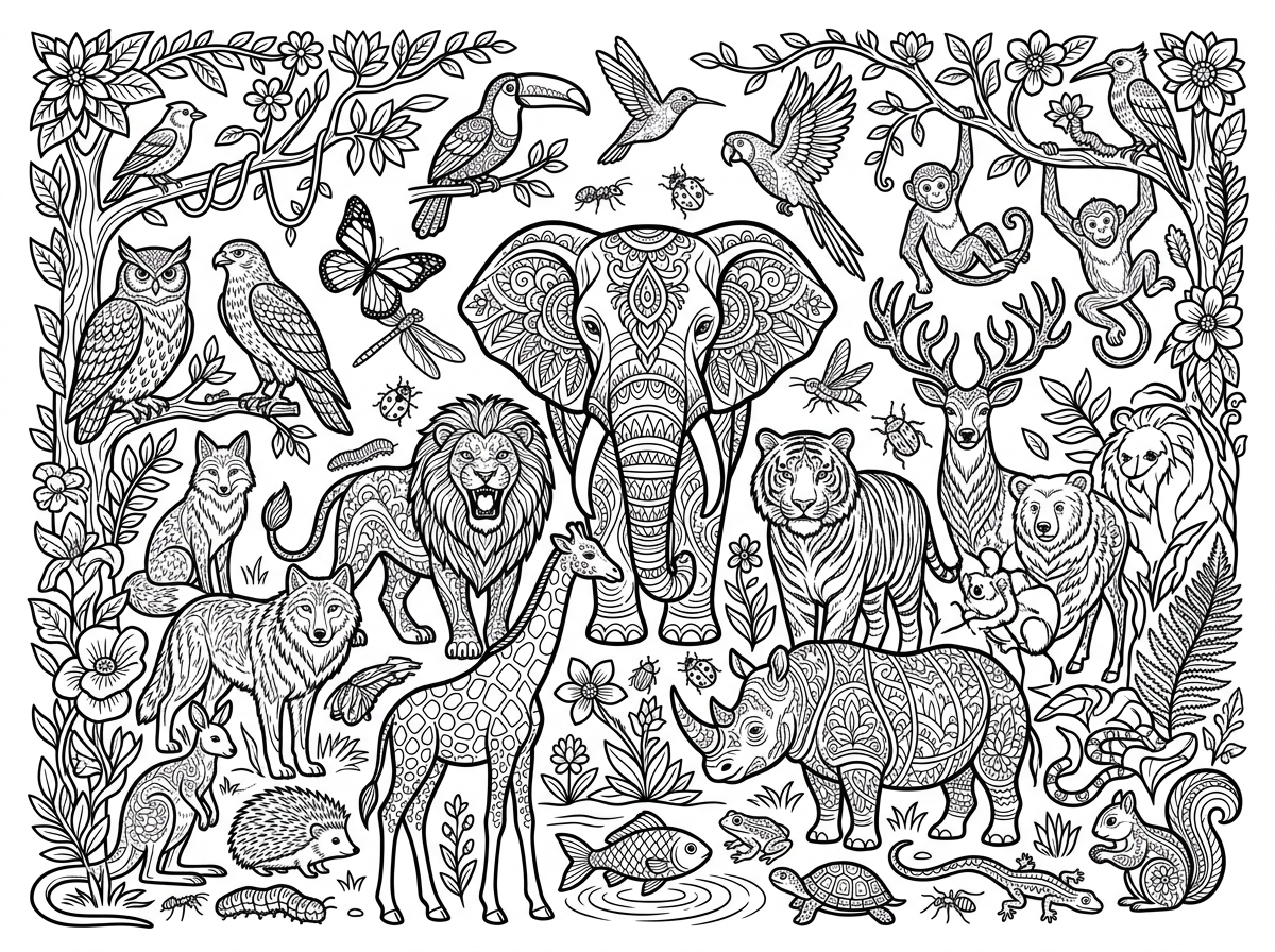 Animal-themed super coloring pages with wildlife