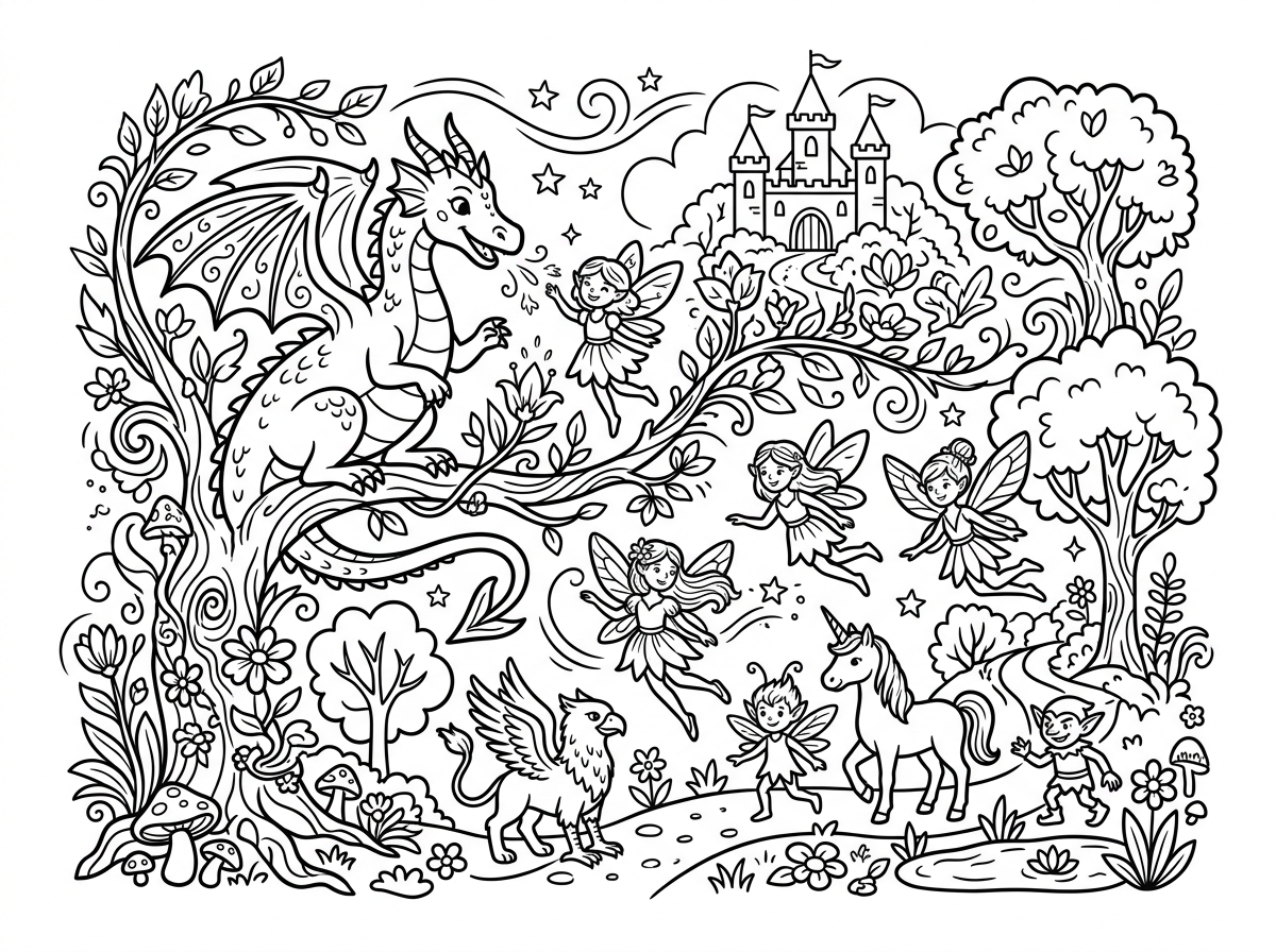 Fantasy-themed super coloring pages with magical creatures
