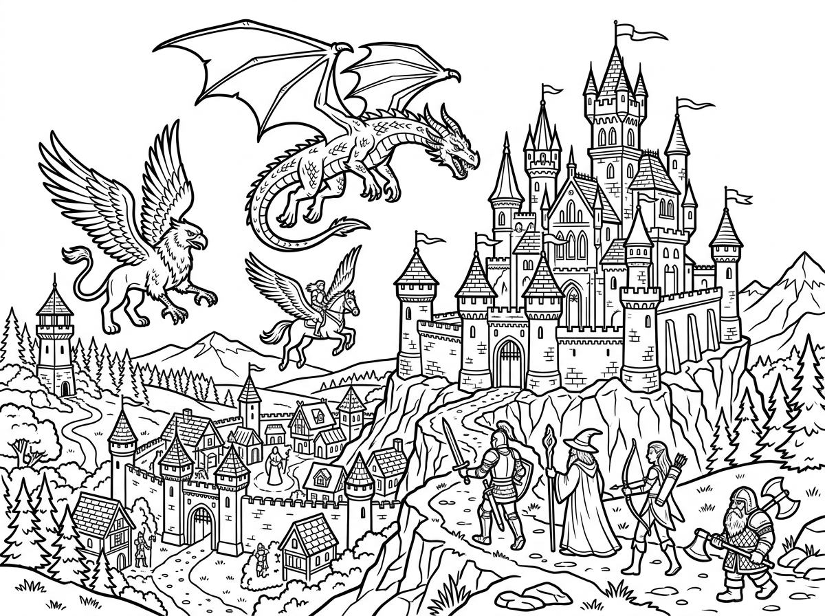 Fantasy adventure coloring page artwork