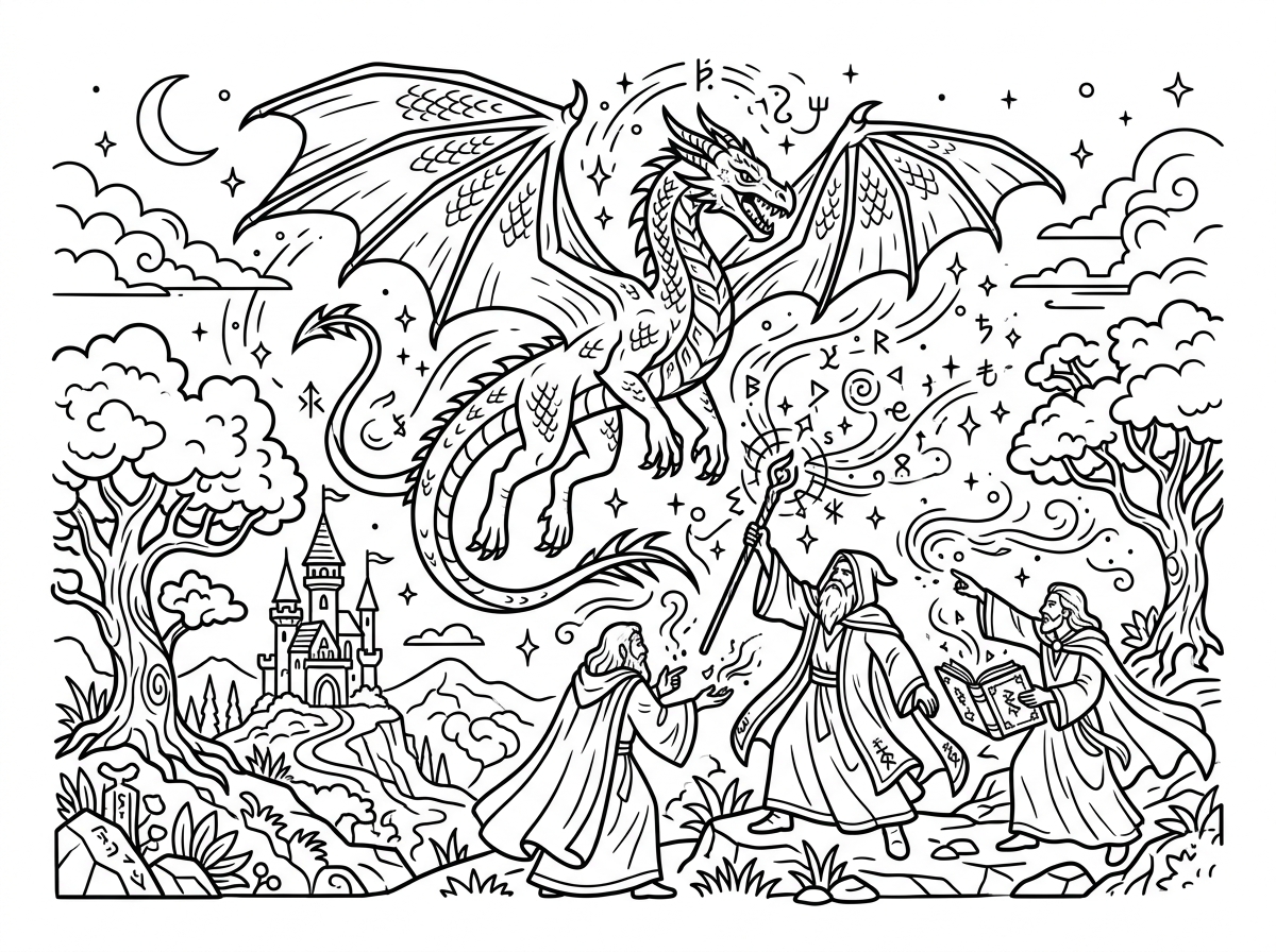 Fantasy dragon coloring page design
