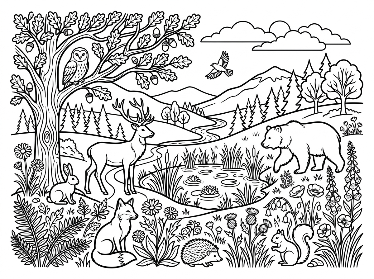 Wildlife nature coloring page illustration