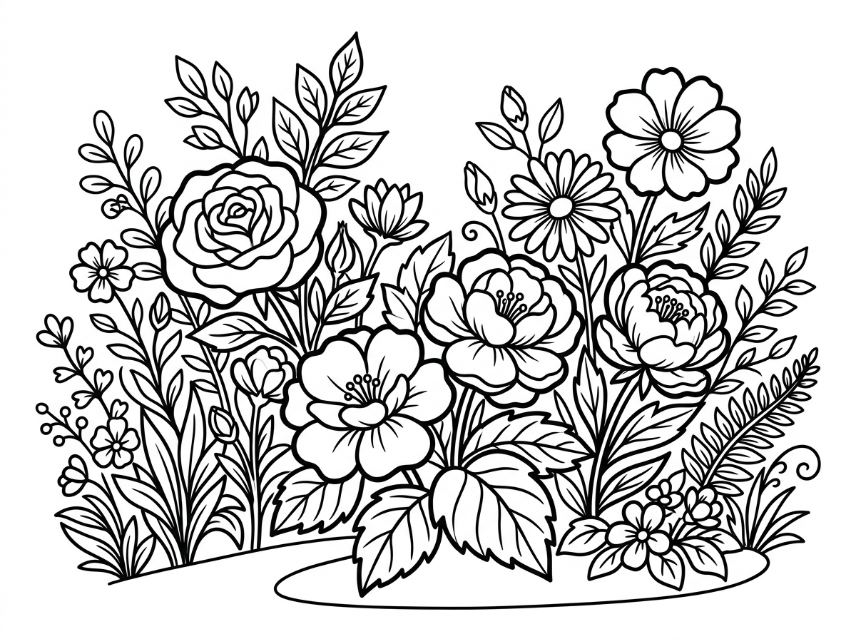 floral garden coloring page for seniors