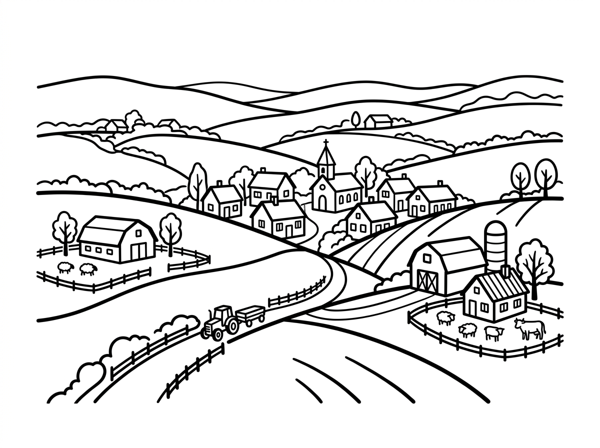 countryside landscape coloring page printable
