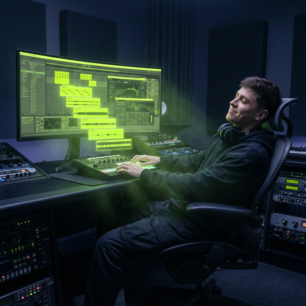 Producers editing stems in trap music generator