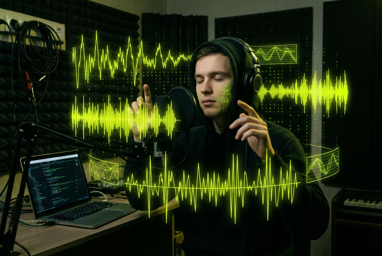 Rapper recording vocals using drill music generator beats