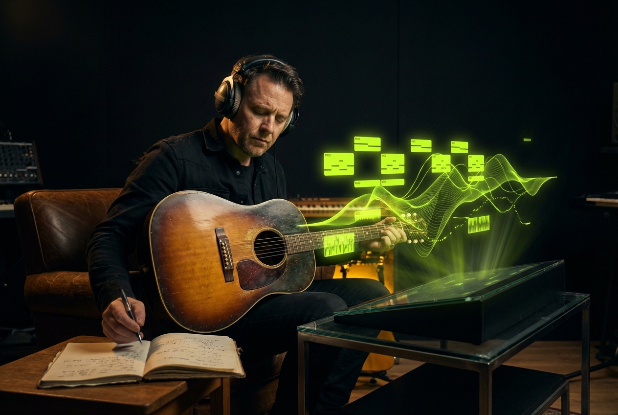 Musician recording vocals over Folk Music Generator track