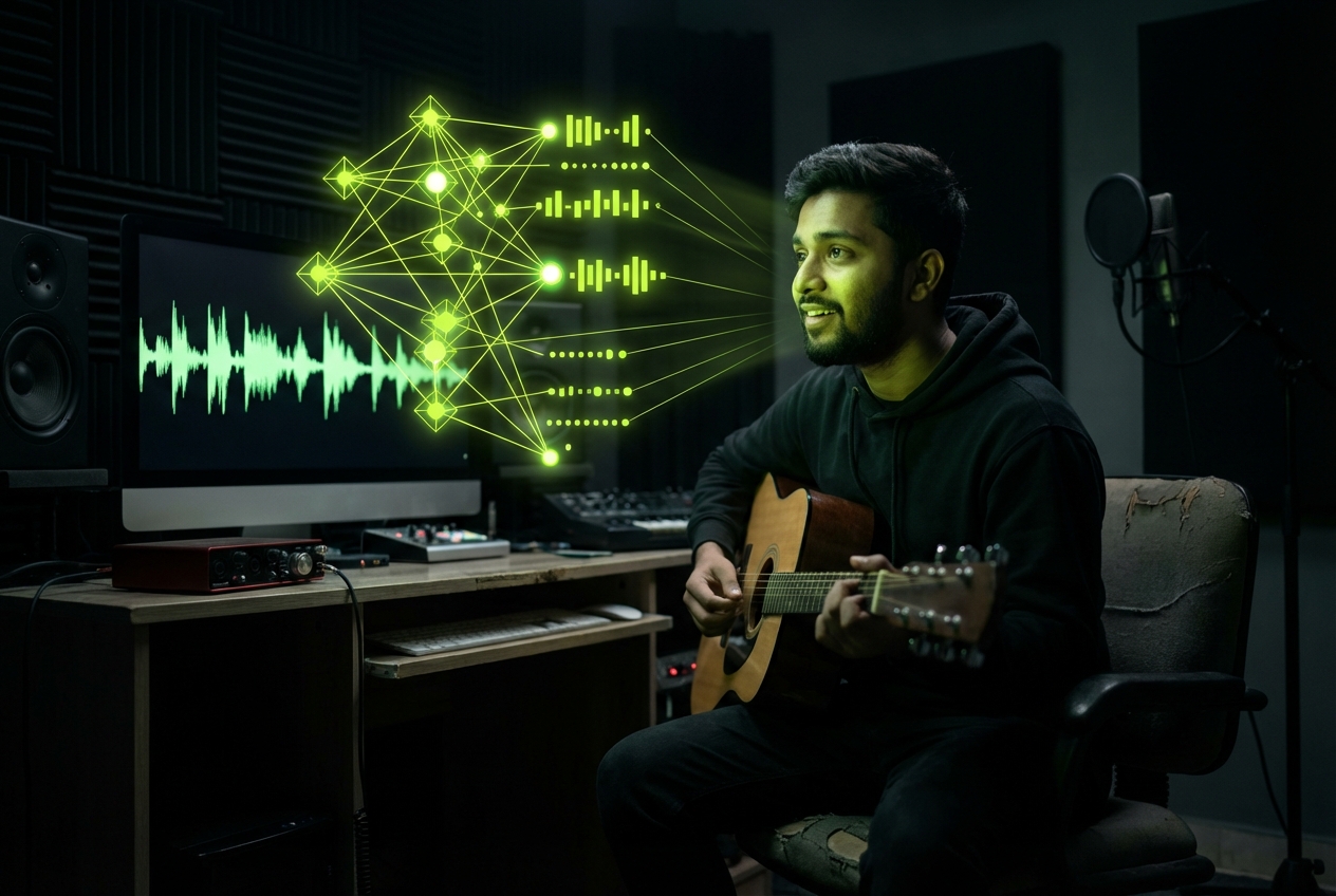 Musician using AI Lyrics Generator Hindi software