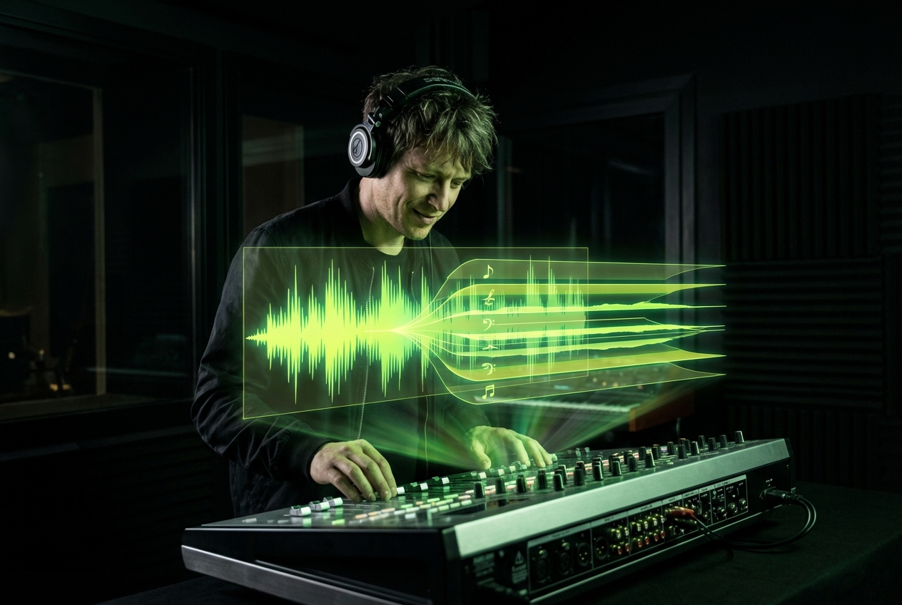 DJ using beat remover software on laptop