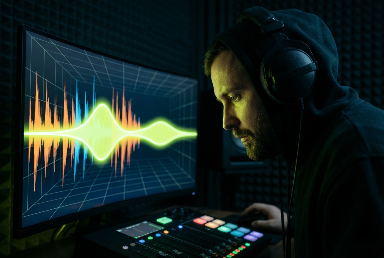 Producer analyzing audio stems in studio