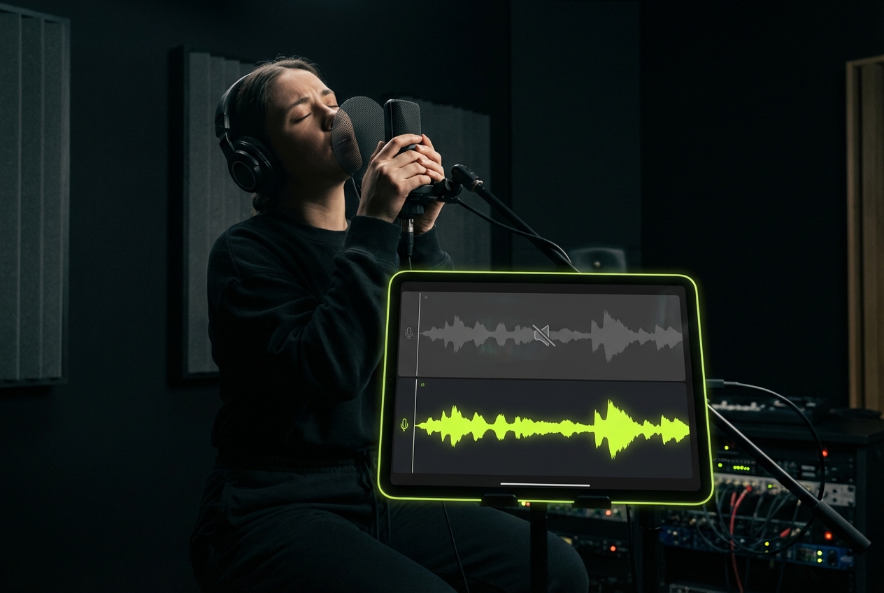 Singer practicing with instrumental track