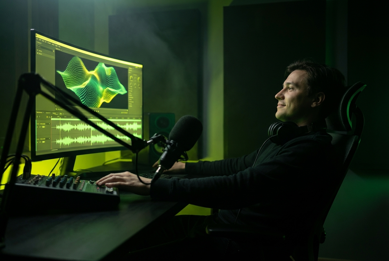 Podcast producer editing with Apple Music Visualizer