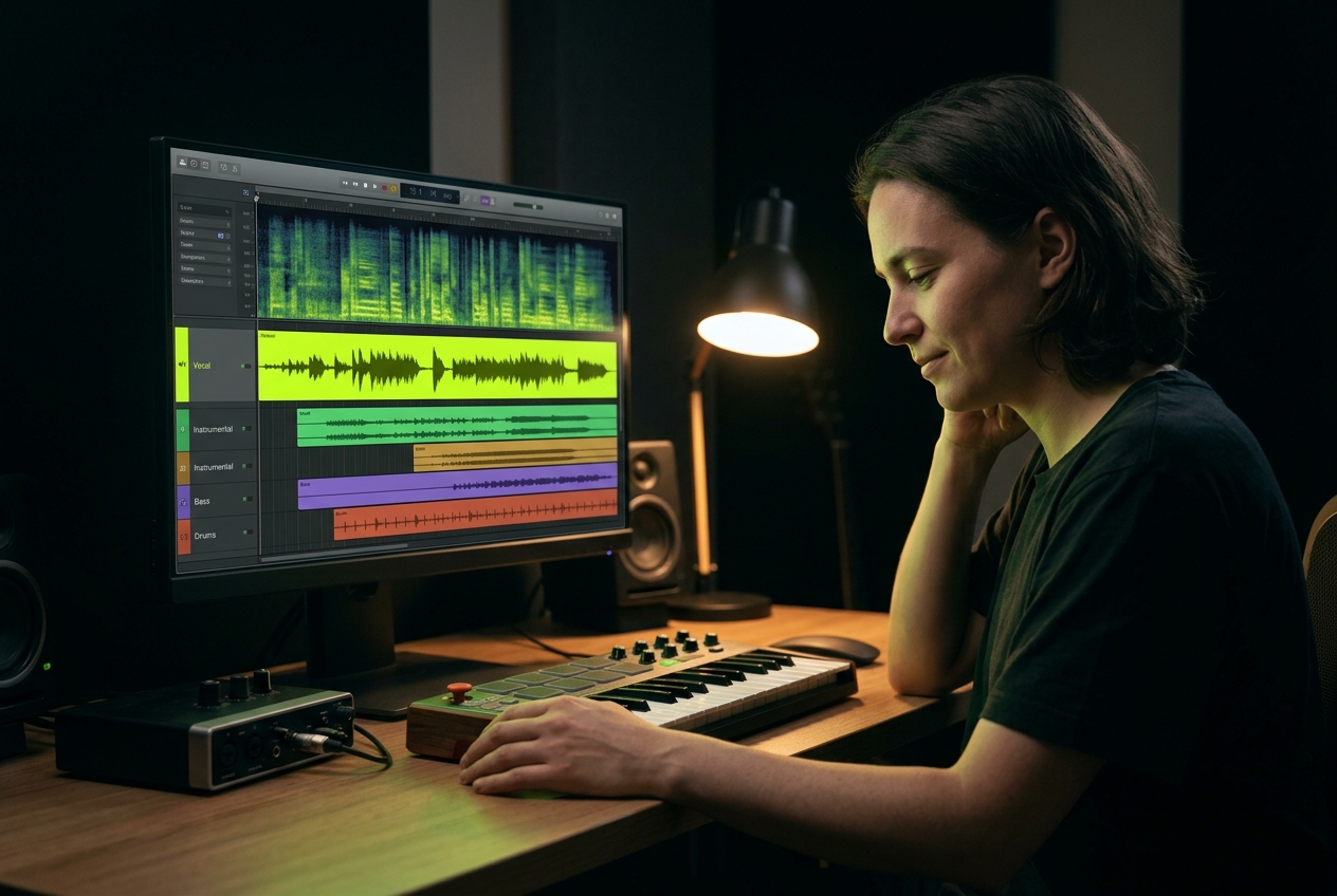 Independent musician using Text To Song Generator in studio setting