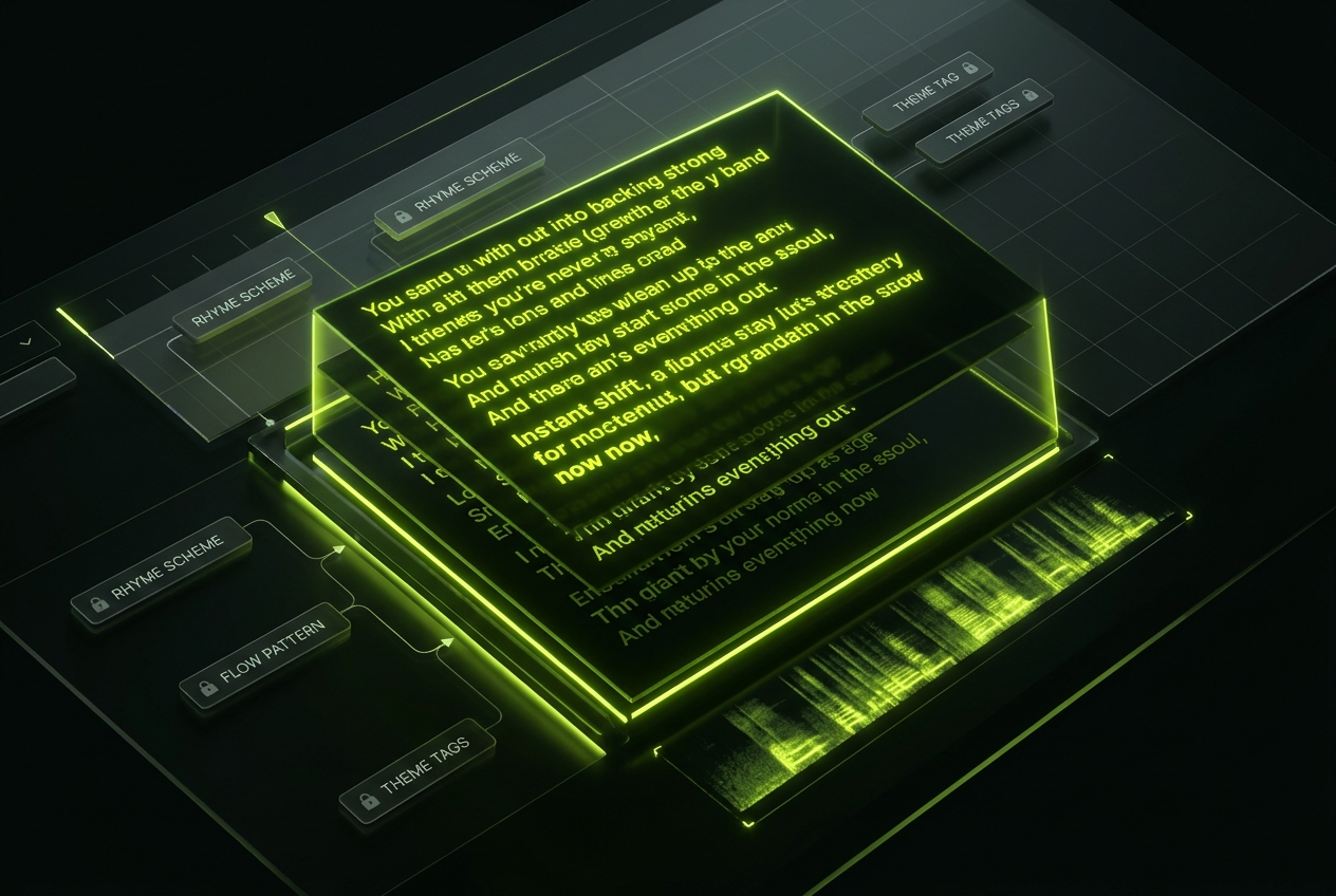 Rap lyrics generator showing regenerate button with multiple output versions