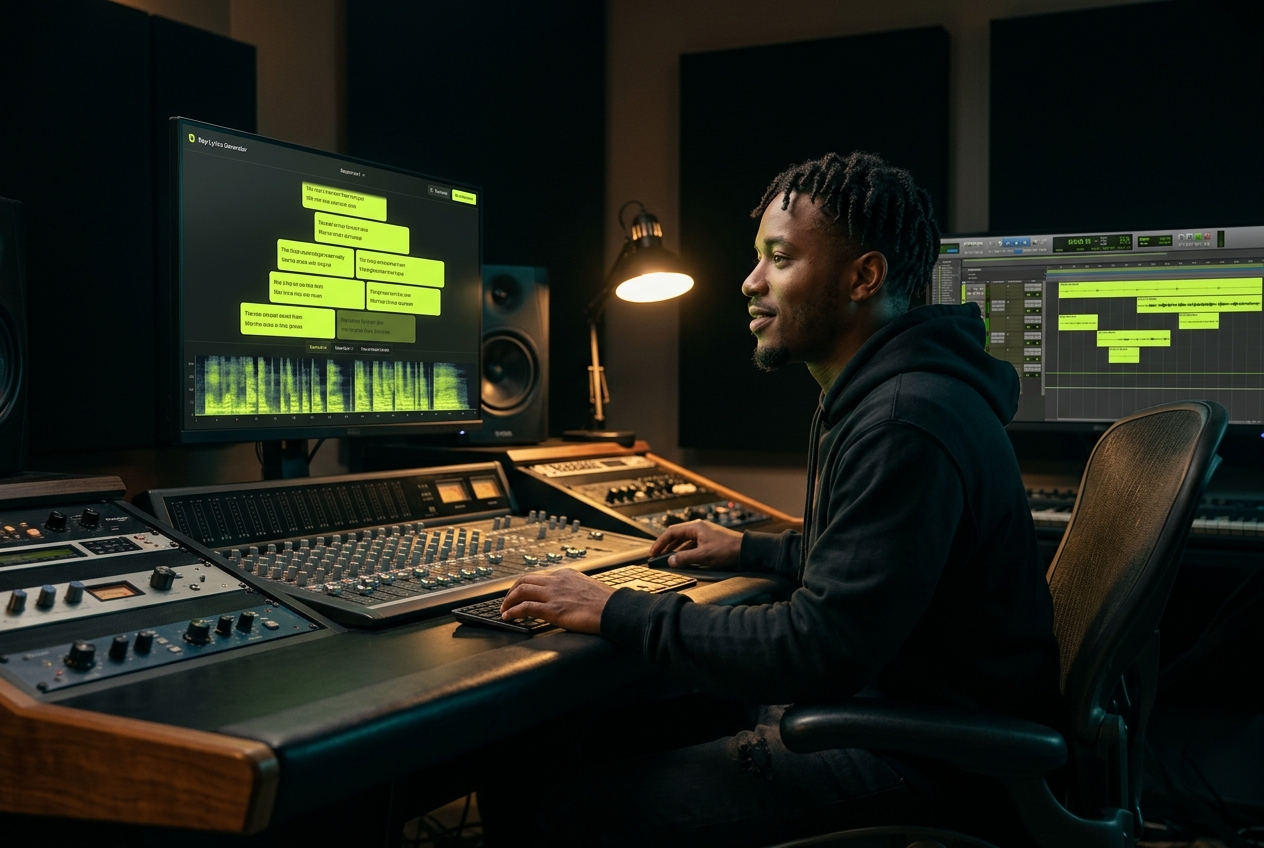 Hip-hop artist using rap lyrics generator for song creation