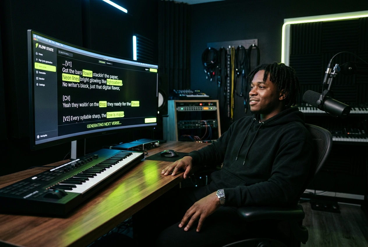 Content creator generating rap lyrics with lyric generator tool