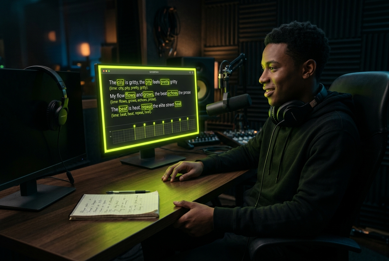 Music student learning rap composition with rap lyrics generator