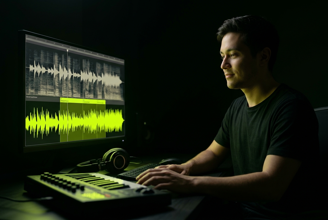 Content creator using AI Song Remixer for video background music