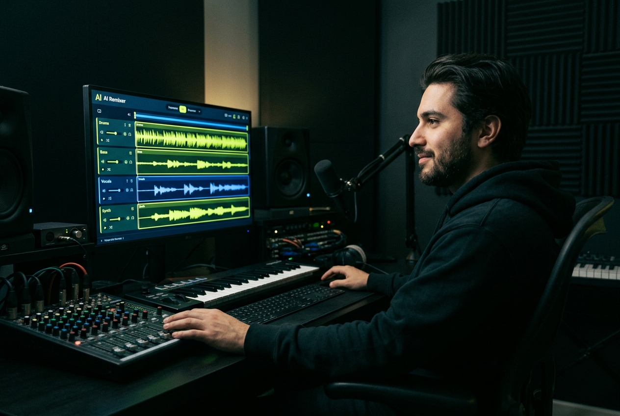 Music producer using AI Remixer for track arrangement