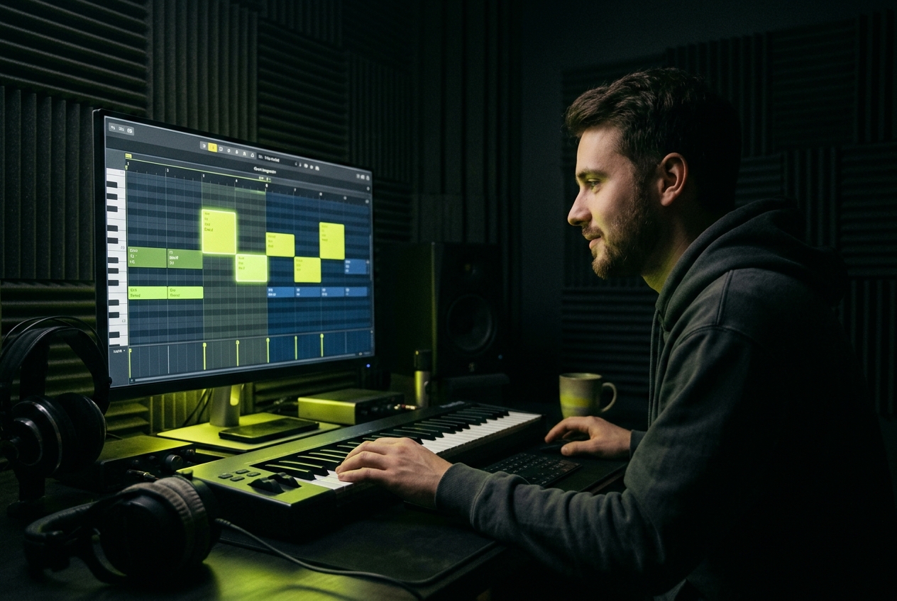 Beginner producer using chord maker for first music composition