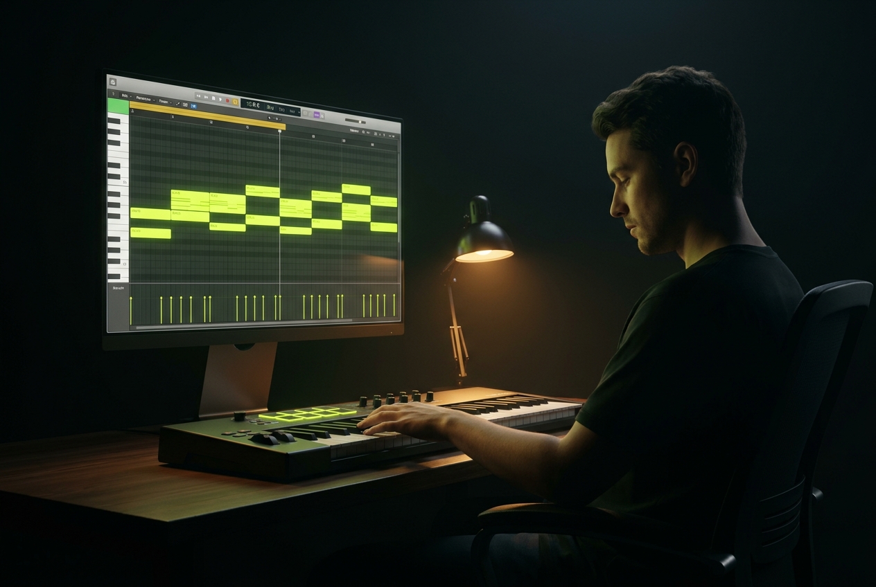 Beat maker creating chord progressions with chord maker for hip-hop track