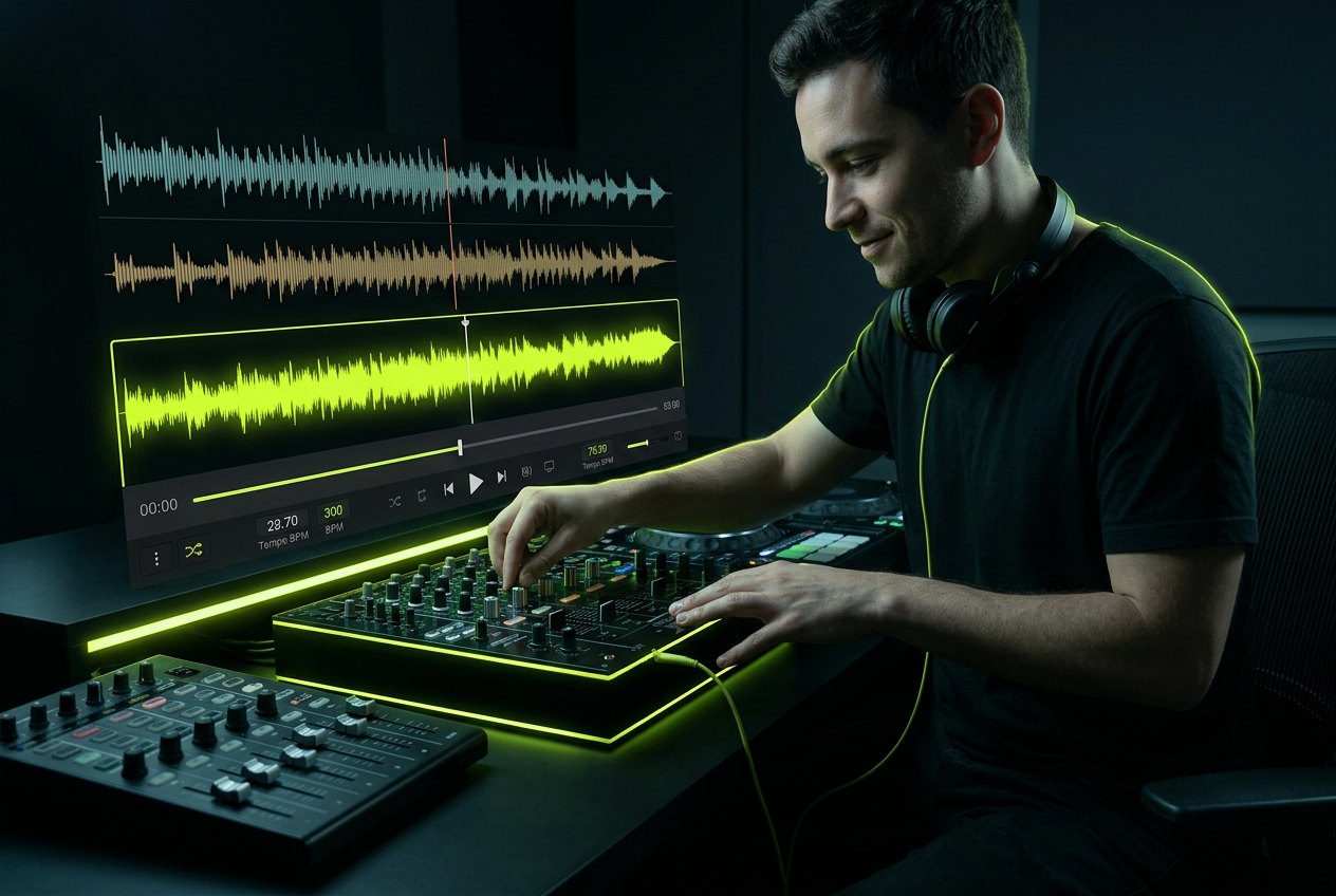 DJ using audio pitch changer for track mixing