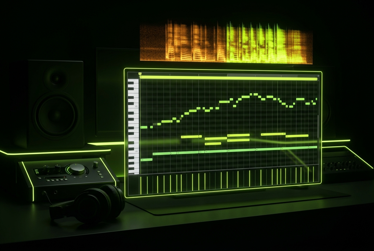 AI MIDI displaying detected notes and chord progressions on staff
