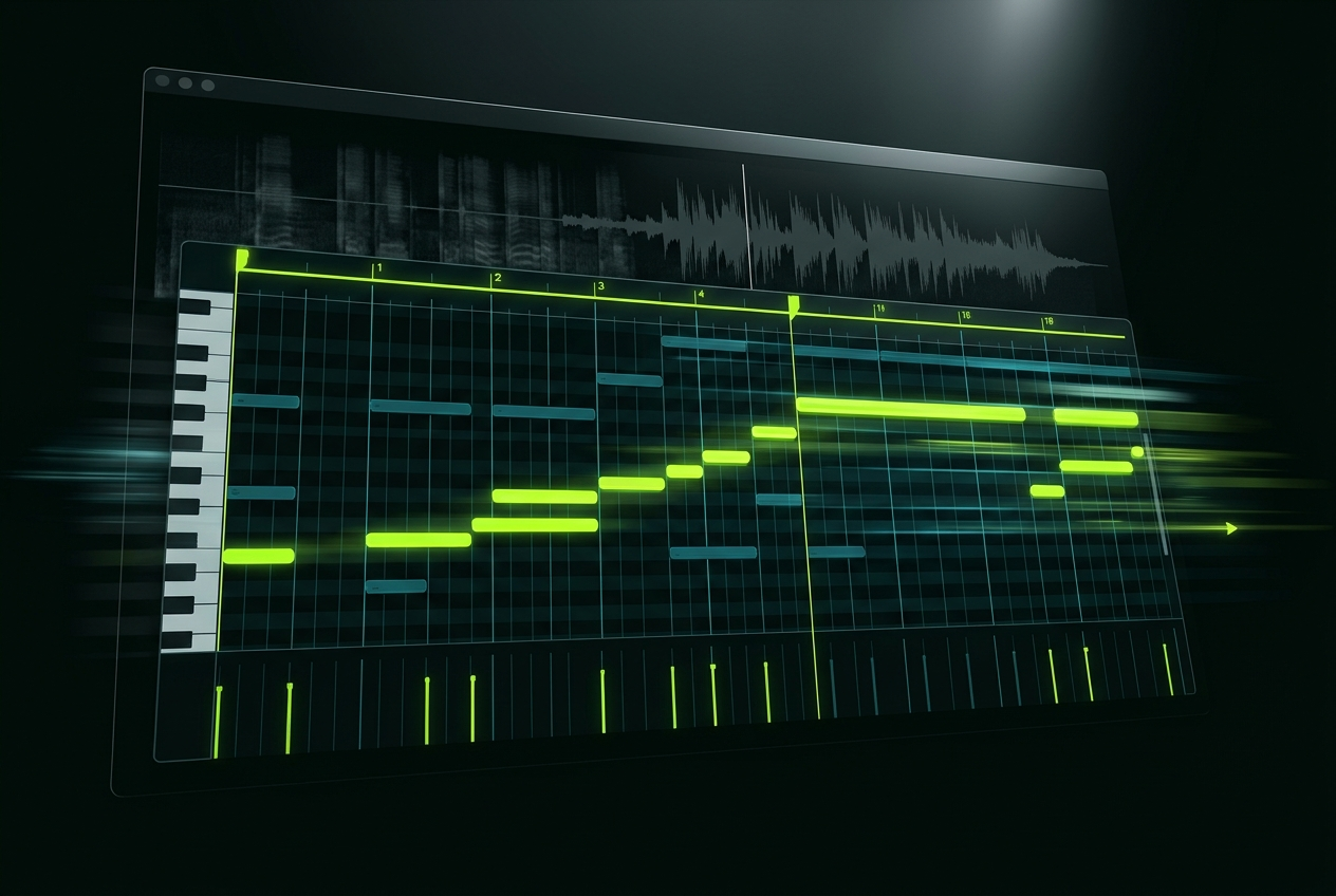 AI MIDI editor showing tempo grid and rhythm quantization controls