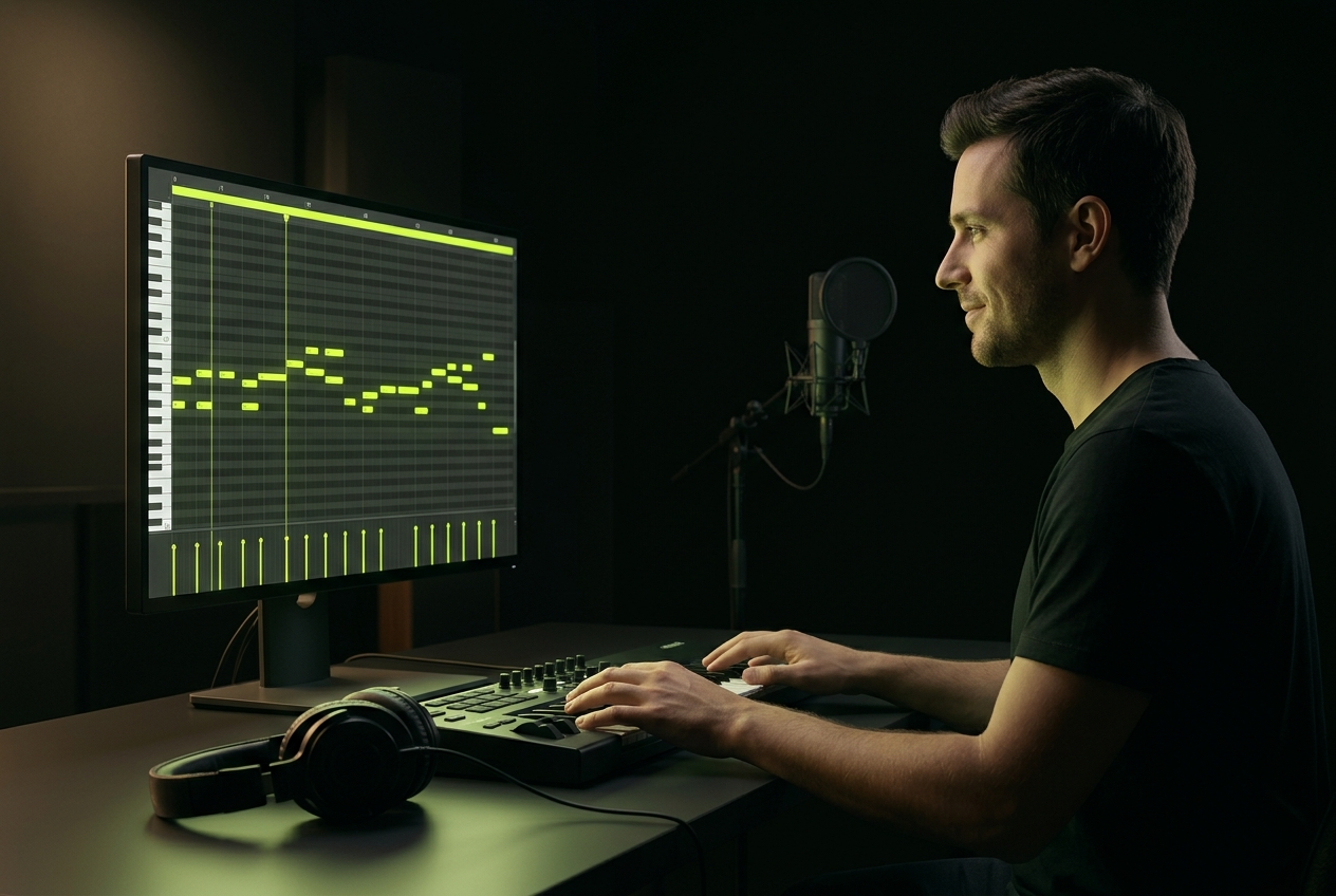 Music producer using AI MIDI editor in professional studio setup