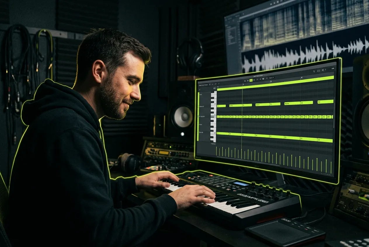 Beat maker working with AI MIDI extracted drum patterns