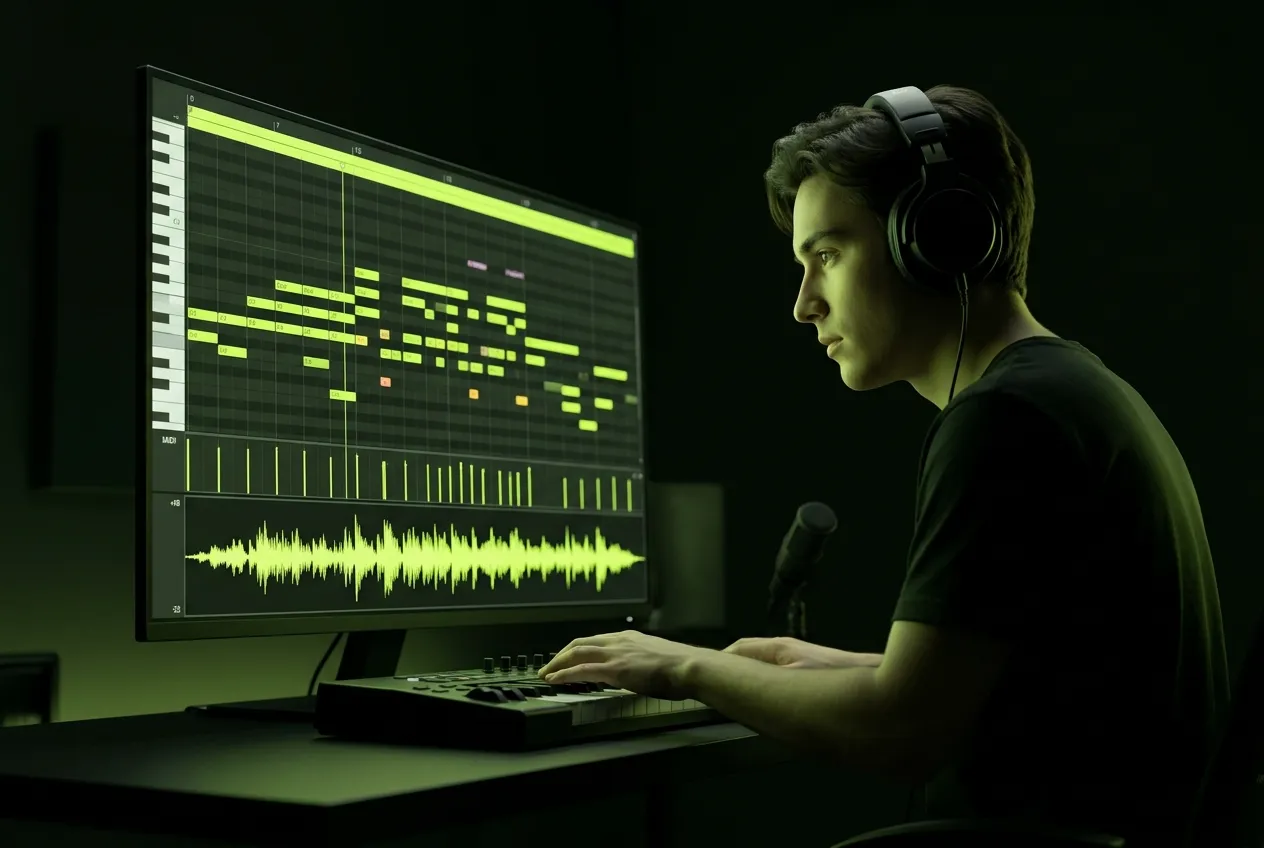 Student analyzing song structure using AI MIDI conversion tool