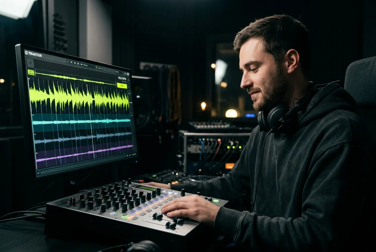 DJ using beat finder for track mixing