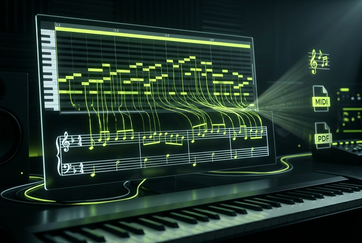 AI piano sheet music export with MIDI download option