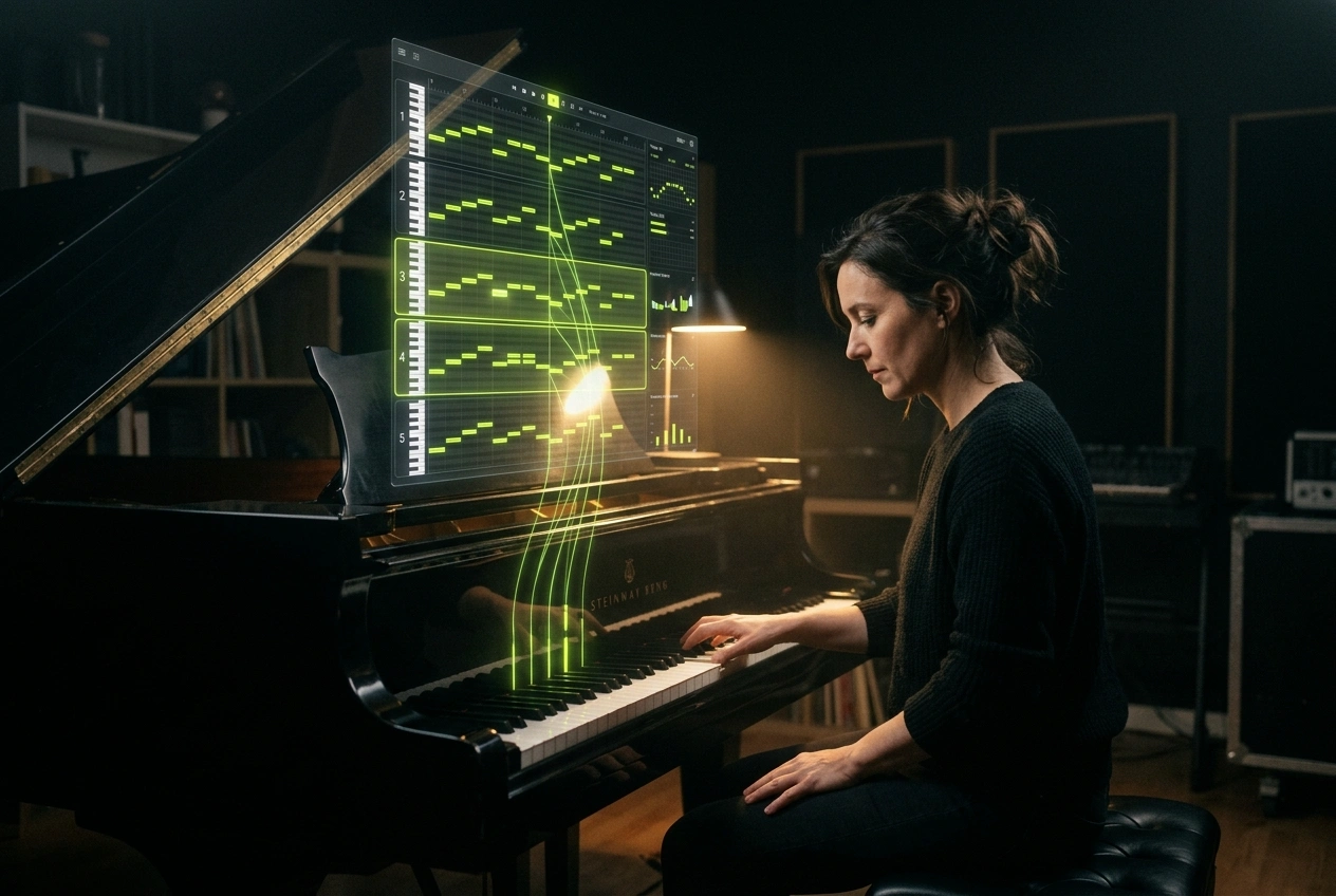 Professional composer using AI piano generator interface
