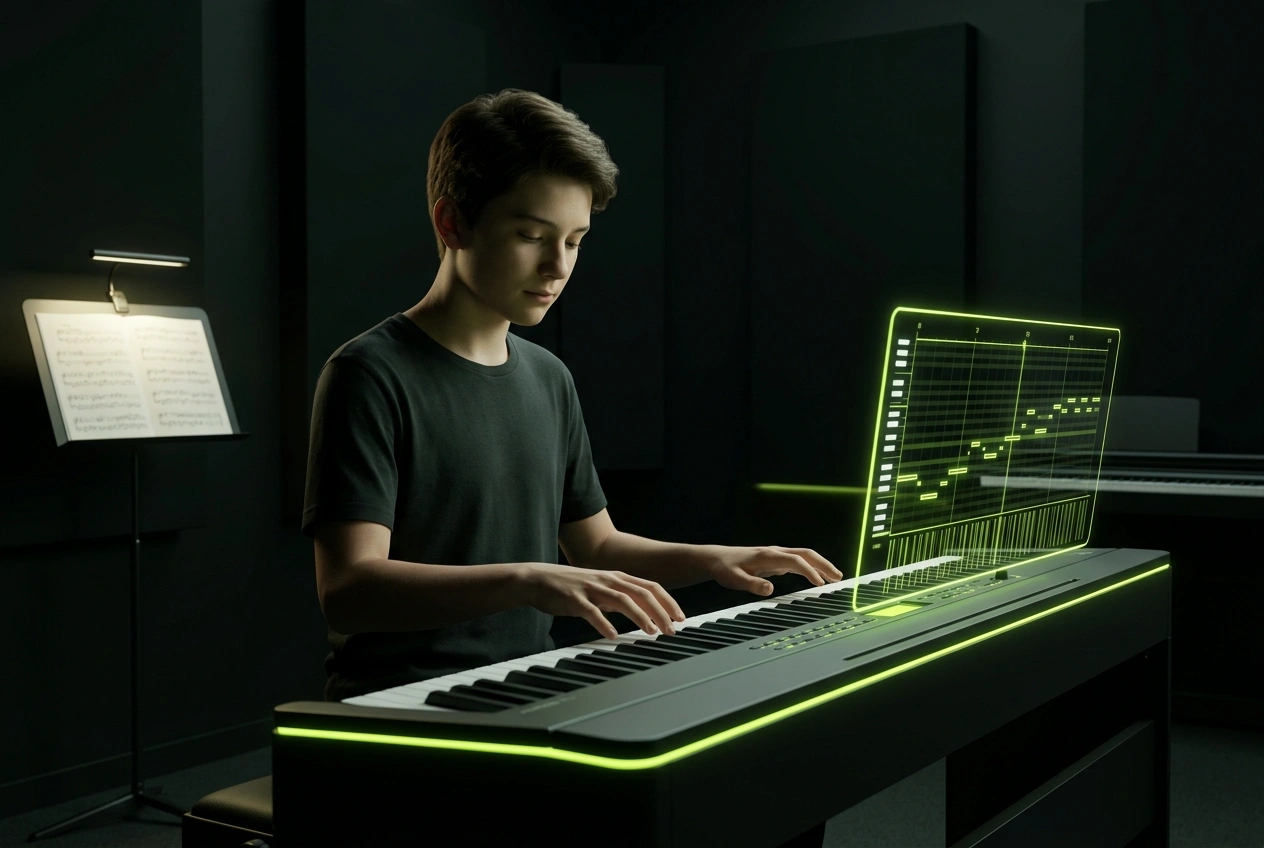 Piano student learning with AI piano practice materials