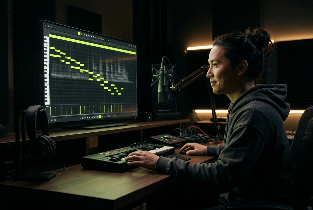Content creator producing music with AI piano generator