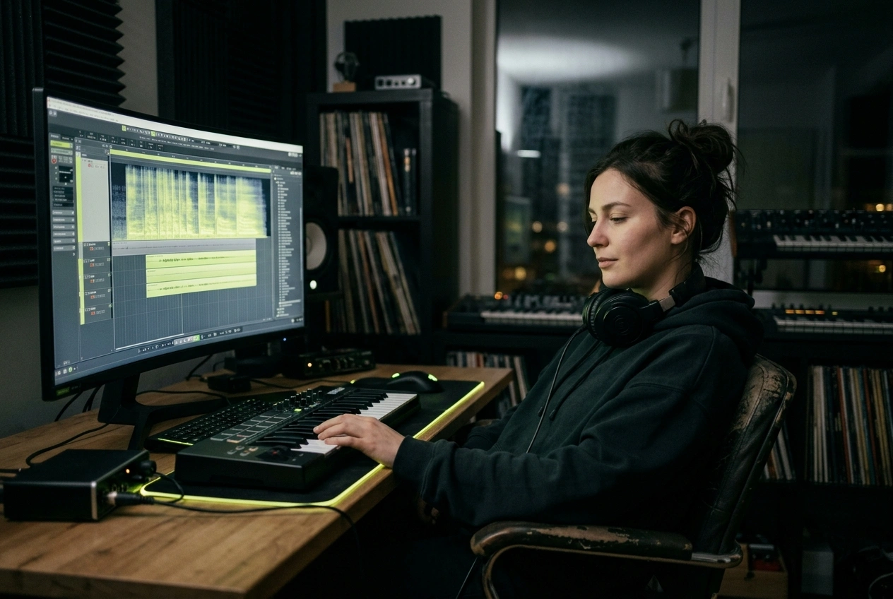 Content creator using AI Dream Pop Music Maker for video